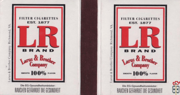 LR brand filter cigarettes est. 1877 Larus & Brother smooth 100% flavo